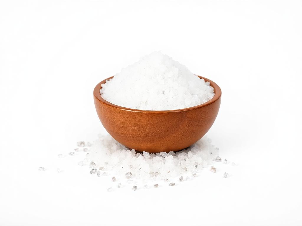 A wooden bowl heaped with fine white crystal sugar