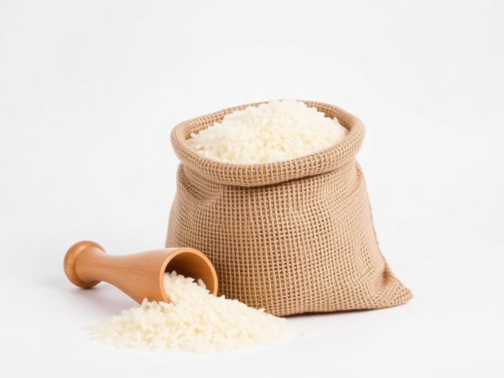 A jute sack of long grain white basmati rice with a wooden scoop