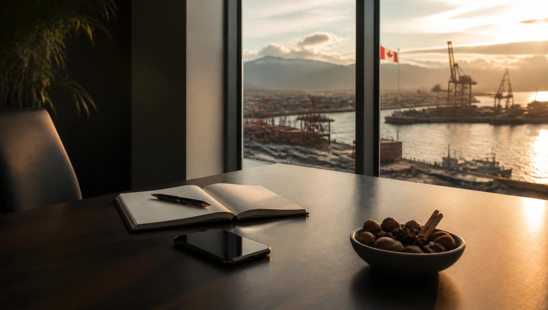 A desk with a notebook and a bowl of whole spices beside a window overlooking a Canadian port at golden hour