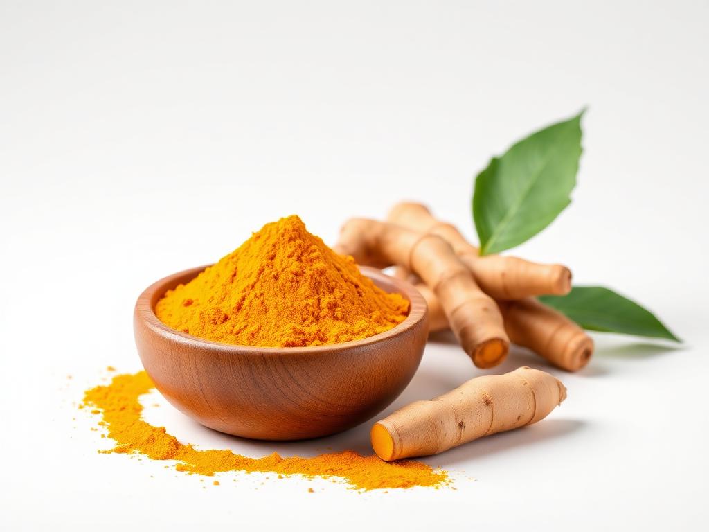 A wooden bowl of golden turmeric powder beside fresh turmeric roots