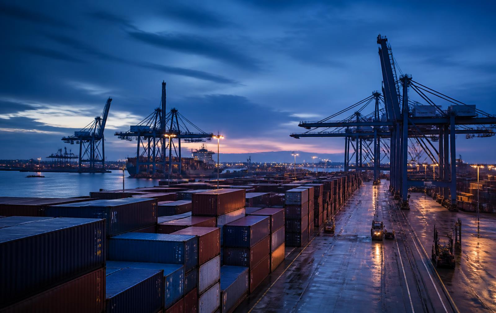 Shipping containers stacked at a commercial port at dusk