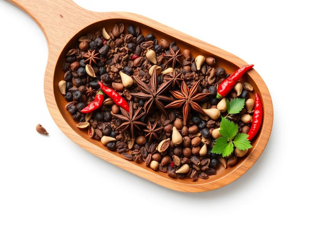A wooden platter of whole spices including chillies, peppercorns and star anise