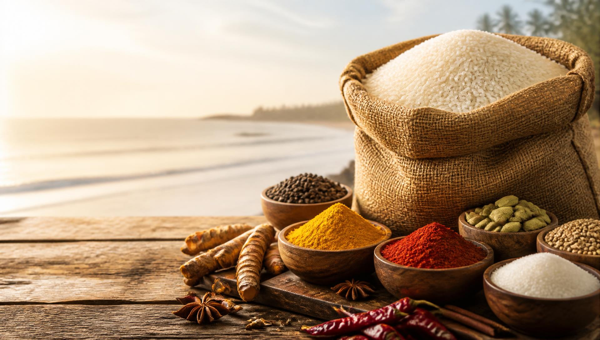 Jute sack of basmati rice with wooden bowls of turmeric, chilli, cardamom, peppercorns and sugar on a rustic table by a sunlit shoreline